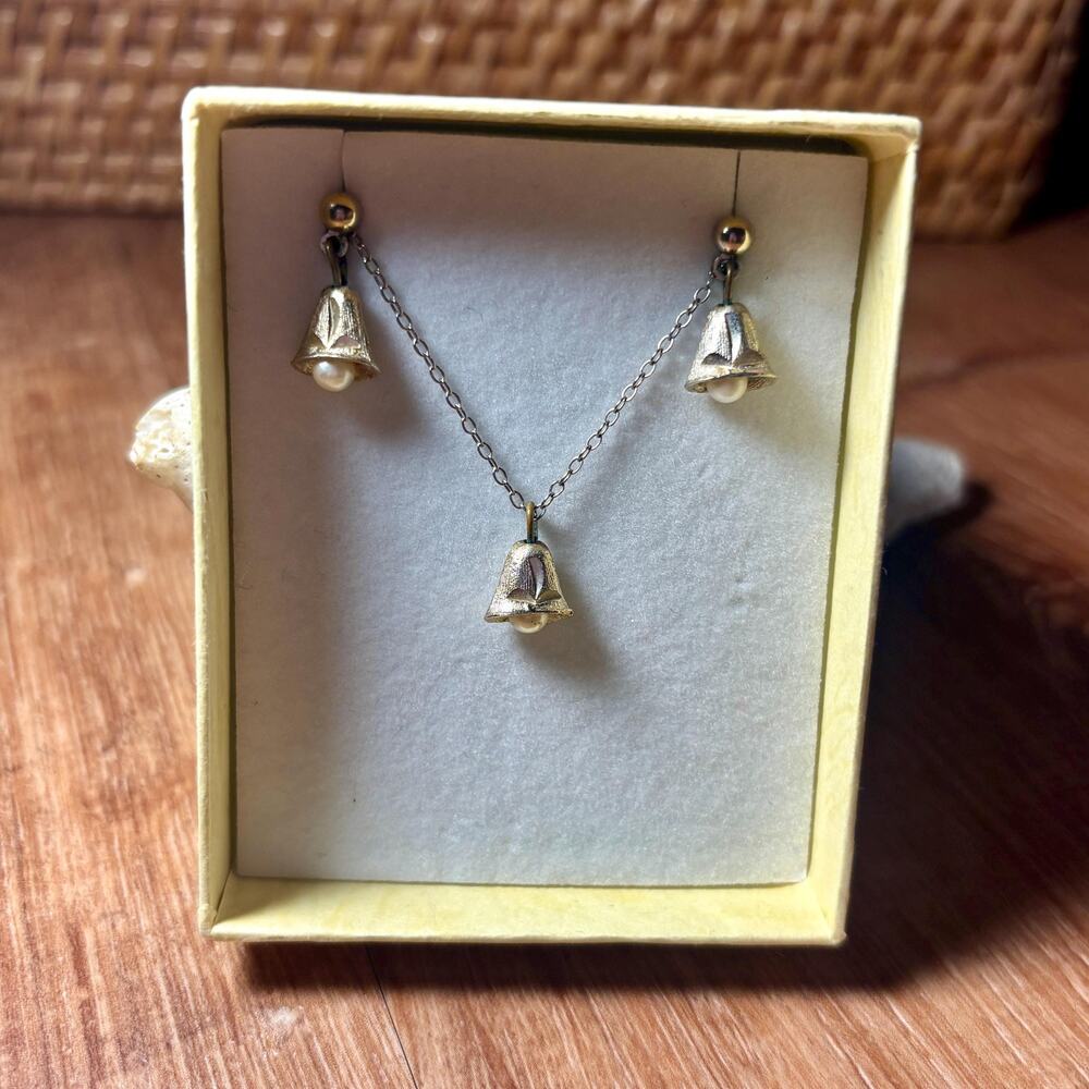 Vintage Lily Bell Necklace and Screw Back Earrings Faux Pearl Flower Set